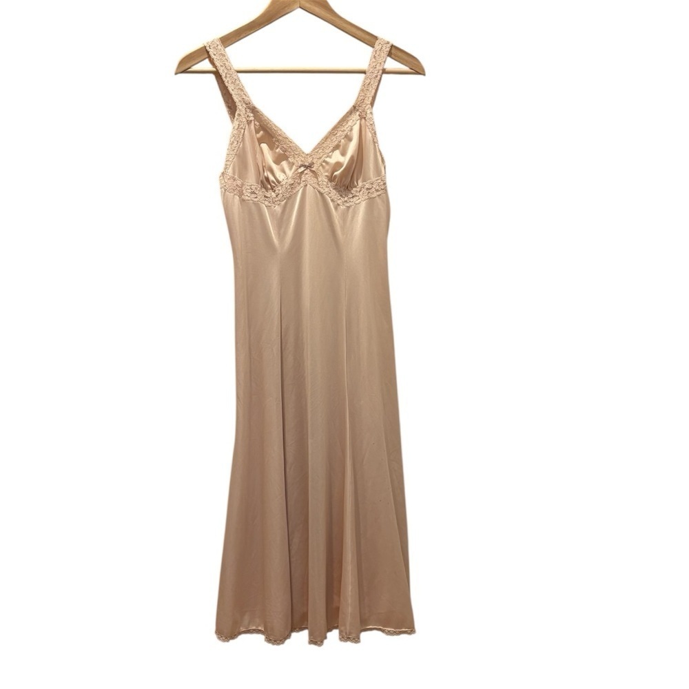 Vtg Olga Slip Dress Nightgown Beige Lace Trim Size Small